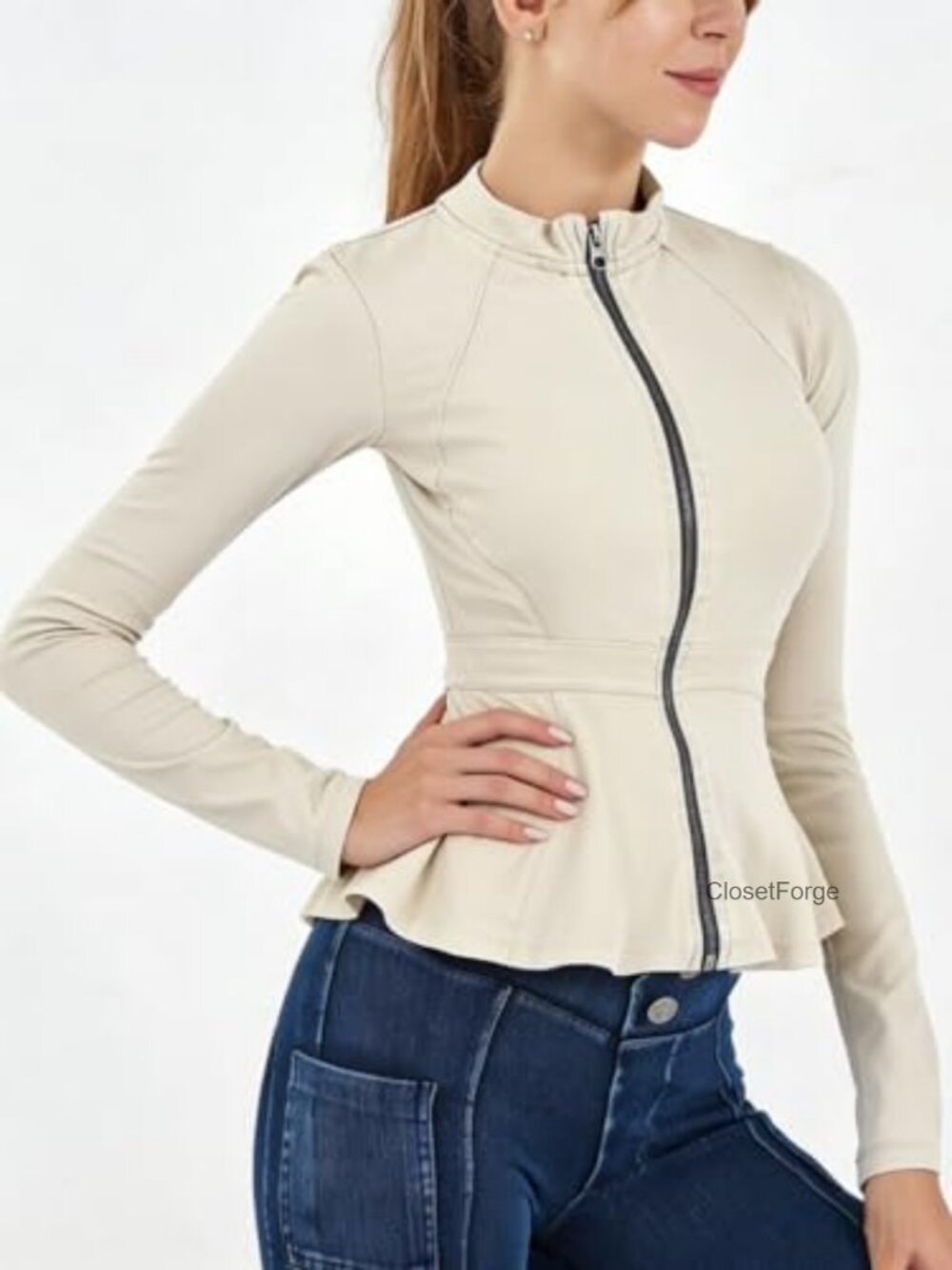 High Stretch Denim Peplum Jacket Lightweight Long Sleeve Zip Front Blazer Coats - Picture 2 of 6